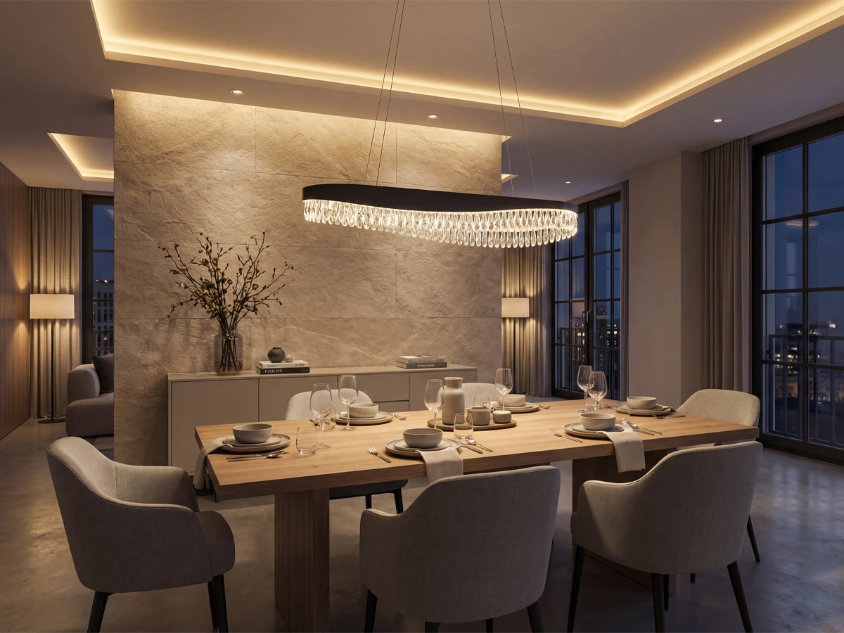 Svietidlá s krištáľovými detailmi a kontrastným prevedením, ktoré dodávajú priestoru výrazný vizuálny efekt.