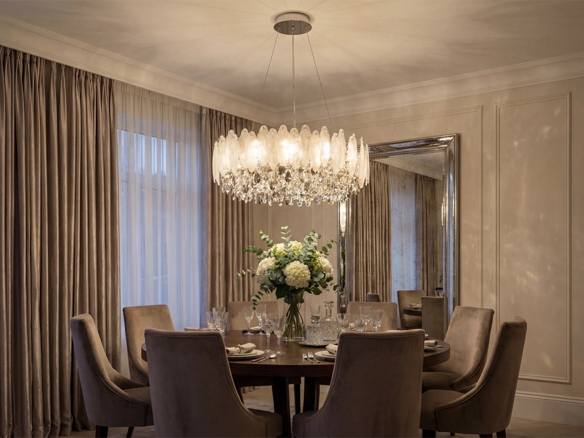 Osvetlenie s bohatým detailom a krištáľovými prvkami, ktoré zvýrazní eleganciu a atmosféru interiéru.